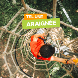 enfant vu de dessus sur un équipement d'accrobranche en for me de toile d'araignée au parc de loisirs Bosdarros Aventures